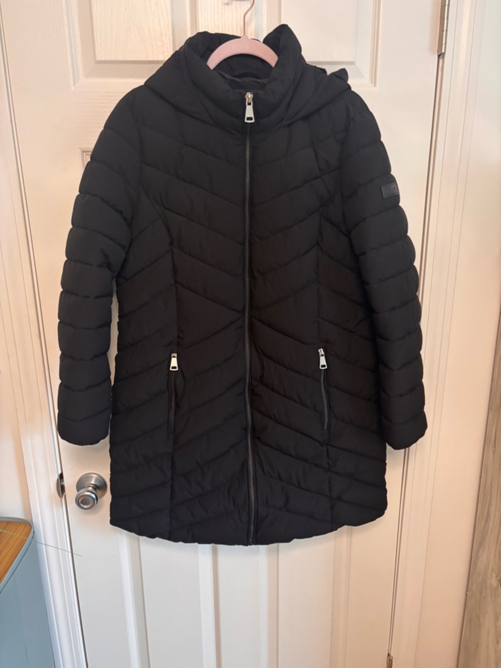 DKNY Black Chevron Quilted Long Puffer Coat with Hood